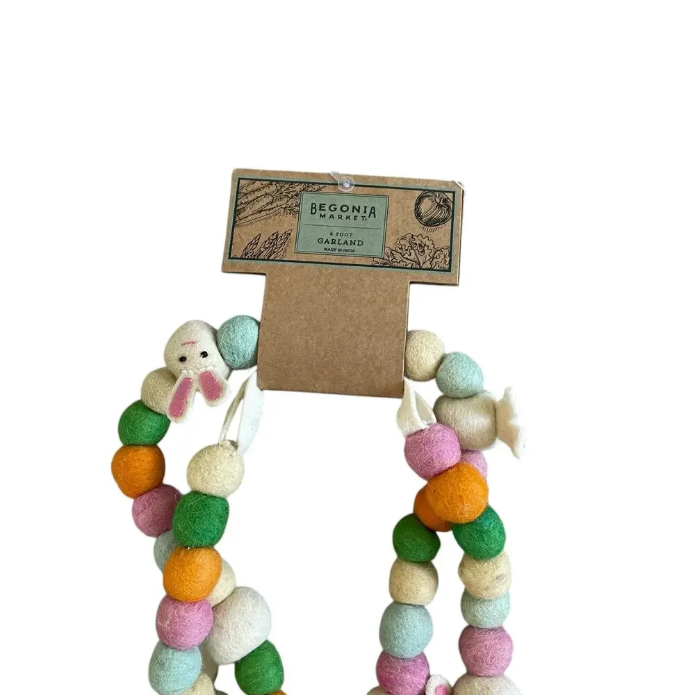 Begonia Market Felt Fabric Bunny & Pom Pom Easter Garland 6 ft Multicolor New
